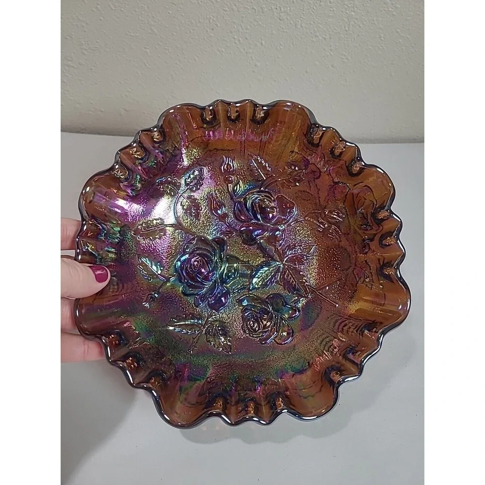 Imperial Glass Carnival Art‎ Lustre Rose Pattern 3-Toed Footed Candy Bowl